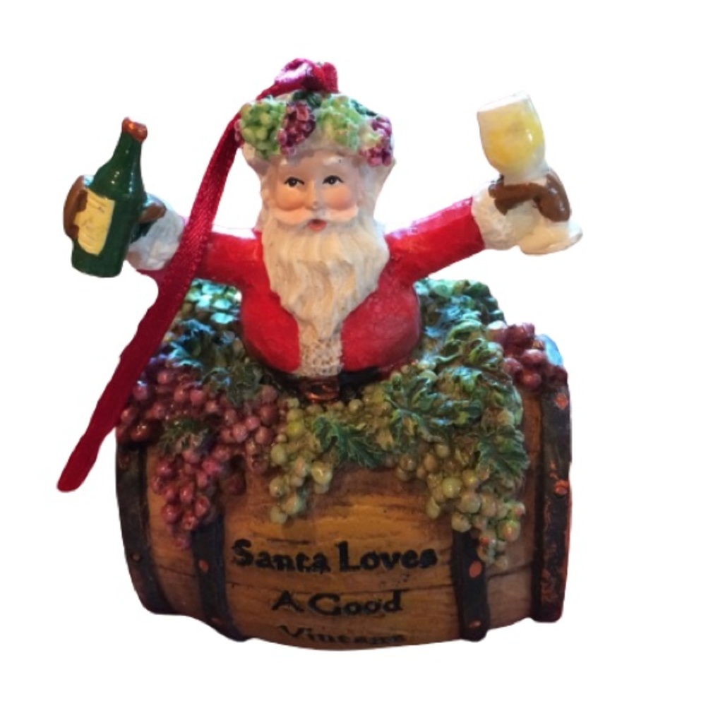 NWT Kurt Adler Santa on Wine Barrel Ornament - Red, Green, Brown